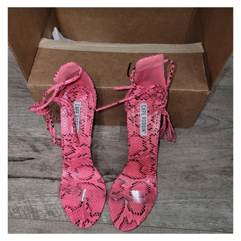 Pink Snake Print Strappy Wedges - Picture 2 of 7